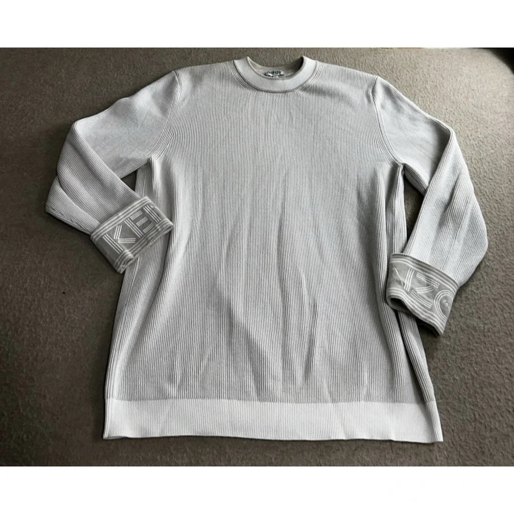 Kenzo Paris Beige Cotton Ribbed Sweater Sz Small Oversized Logo Cuffs Designer